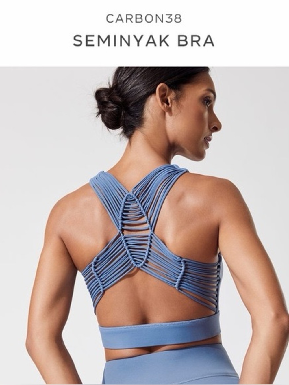 Carbon38 LARGE Seminyak Sarong macrame strappy back sports bra in Dusty Blue